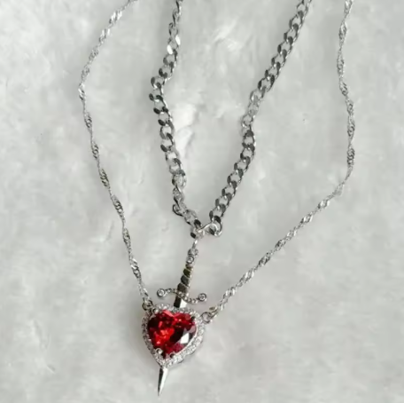 Eternal Bond - Crystal Heart & Sword Couple Necklace Set  QİVA™