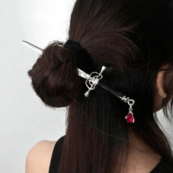 Vintage Sword Hair Stick with Ruby Pendant - QİVA™