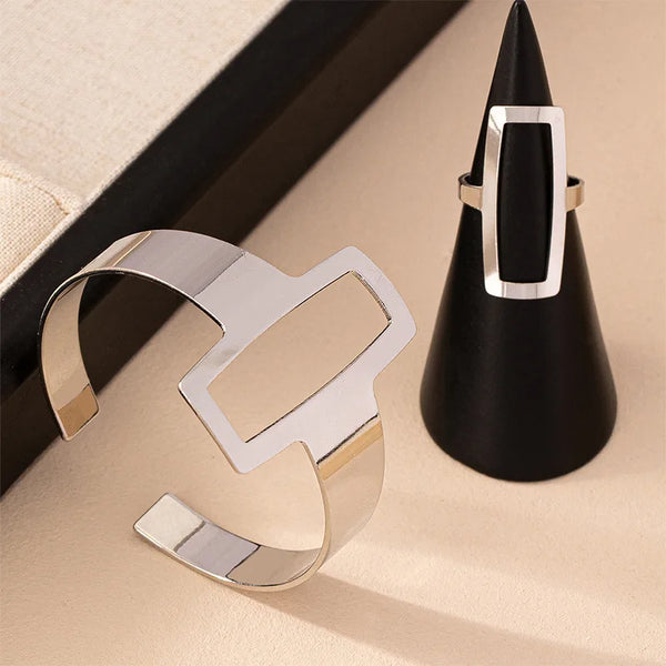 KMVEXO Minimalist Geometric Square Hollowed Out Bracelet Ring Set - QİVA™